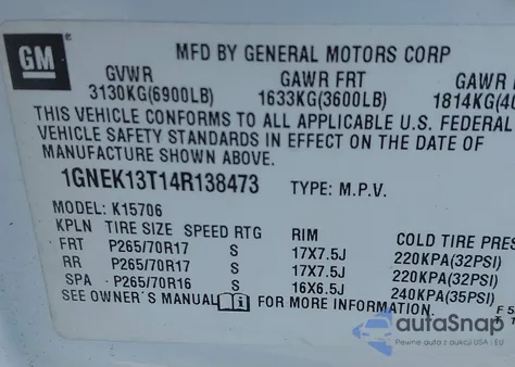 2004 Chevrolet Tahoe Lt z USA, uszkodzony, nr VIN 1GNEK13T14R138473